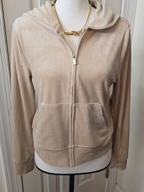 JUICY COUTURE WOMEN'S JUNIOR TAN LONG SLEEVE VELVETEEN HOODIE SIZE MEDIUM